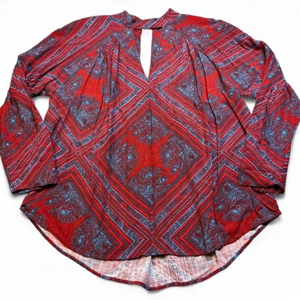 Free People Walking on a Dream Red & Blue Printed Long Sleeve‎ Tunic large